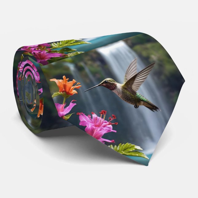 "Flüstern der Natur: Hummingbird, Wasserfall, Krawatte (Gerollt)