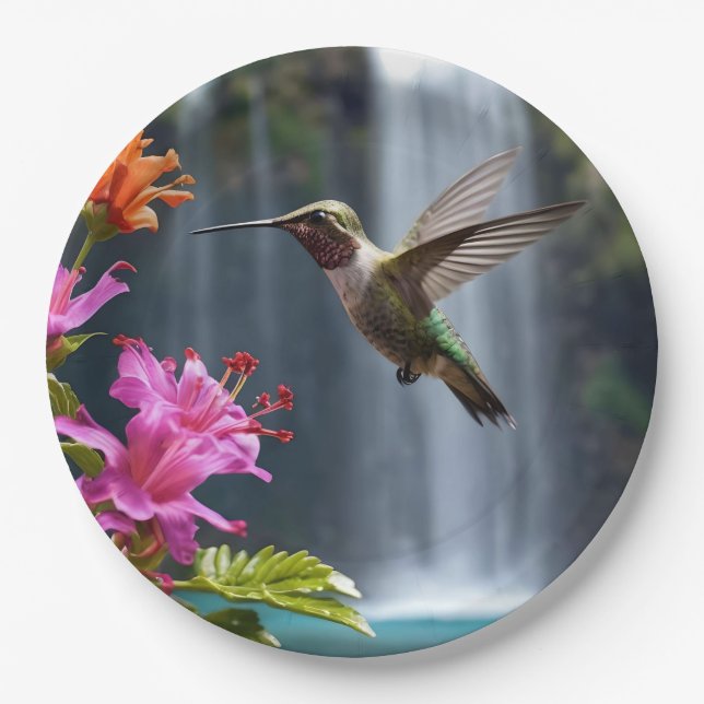 "Flüstern der Natur: Hummingbird, Wasserfall Pappteller (Vorderseite)