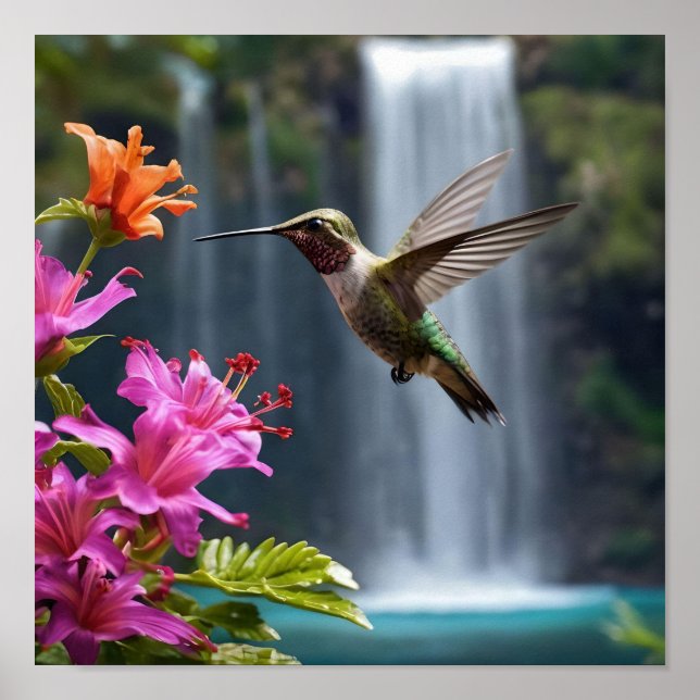 "Flüstern der Natur: Hummingbird, Wasserfall Poster (Vorne)