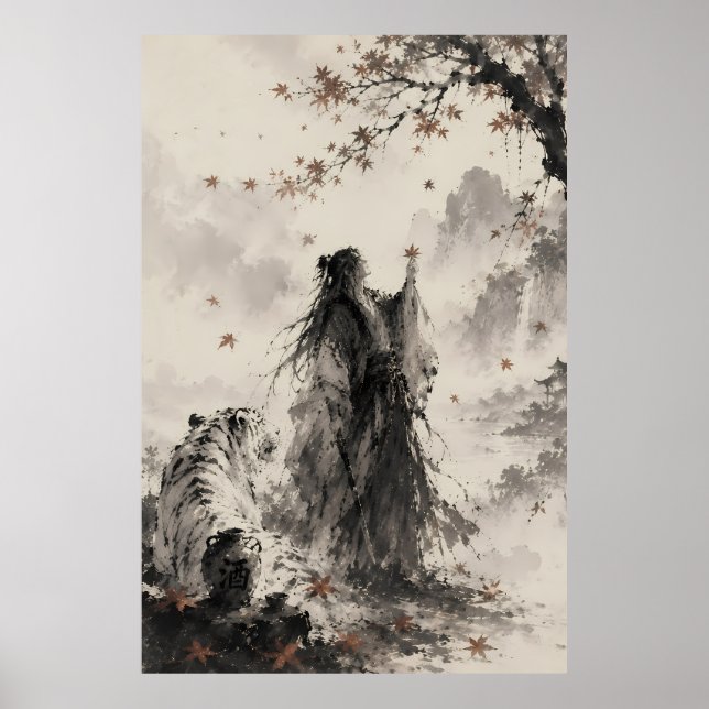 Flüstern des Herbstes | Weißer Tiger und Wanderer- Poster (Vorne)
