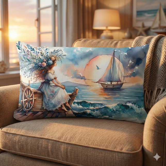 Flüstern des Meeres bei Sonnenuntergang Lendenkissen (Whispers of the Sea at Sunset Lumbar Pillow Mockup A)