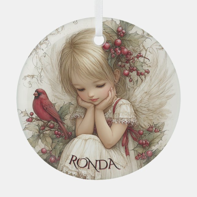 Flüstern des Winters – Feenkind mit Kardinal Ornament Aus Glas (Vorderseite)