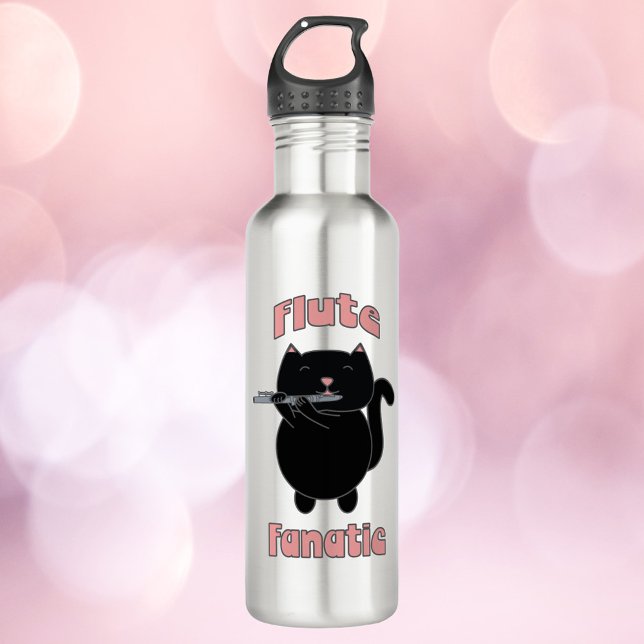 Flute Fanatic Black Cat Pink Edelstahlflasche (A water bottle with a cute black cat and the text flute fanatic in pink.)