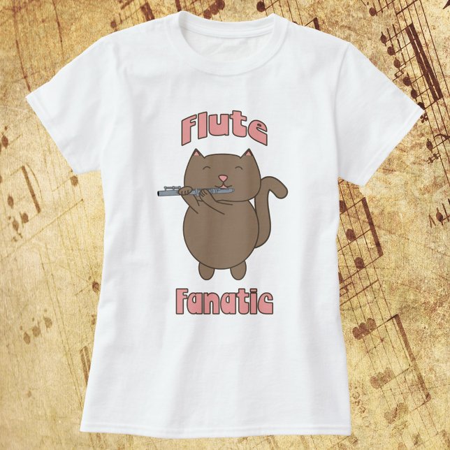 Flute Fanatic Brown Cat T-Shirt (A tshirt with a cute brown cat playing the flute with the text Flute Fanatic)