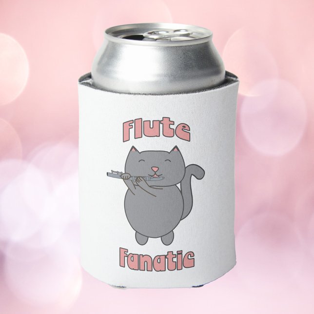 Flute Fanatic Cat Cute Musician Kitty Design Dosenkühler (A can cooler featuring a gray cat playing the flute with the words Flute Fanatic)