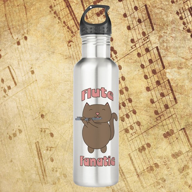 Flute Fanatic Cat Edelstahlflasche (A water bottle with the words Flute Fanatic and a cat playing the flute!)