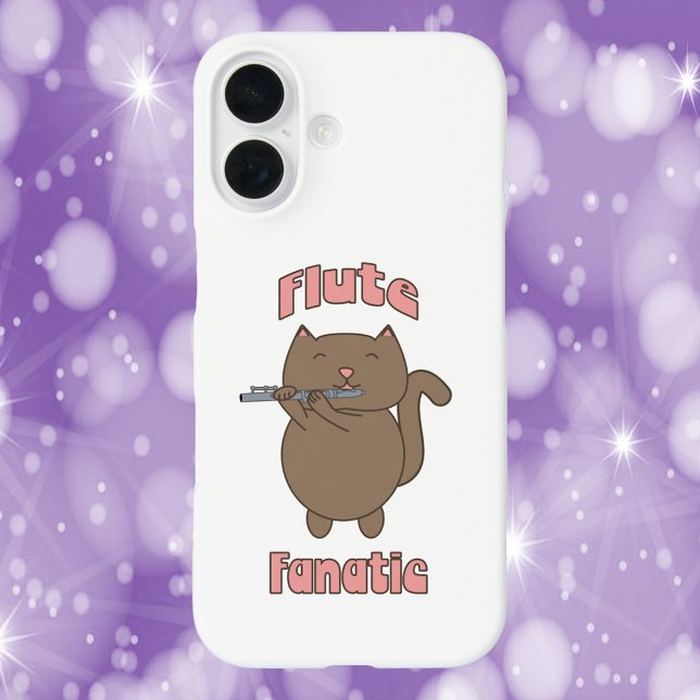 Flute Fanatic Cat Pink Case-Mate iPhone Hülle (A cell phone case with a cat playing the flute and the words flute fanatic.)