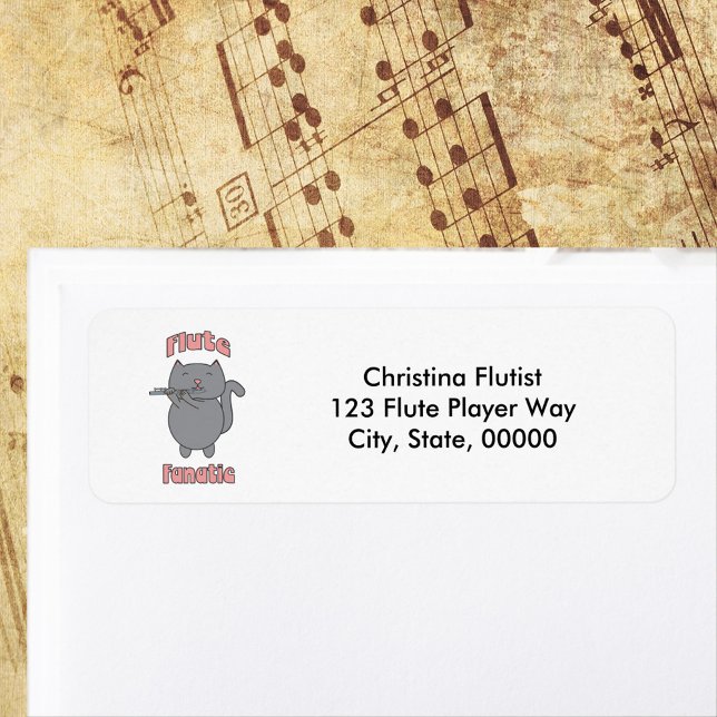 Flute Fanatic Music Cat Personalize Return Address (A return address label featuring a cat playing the flute and the words Flute Fanatic.)