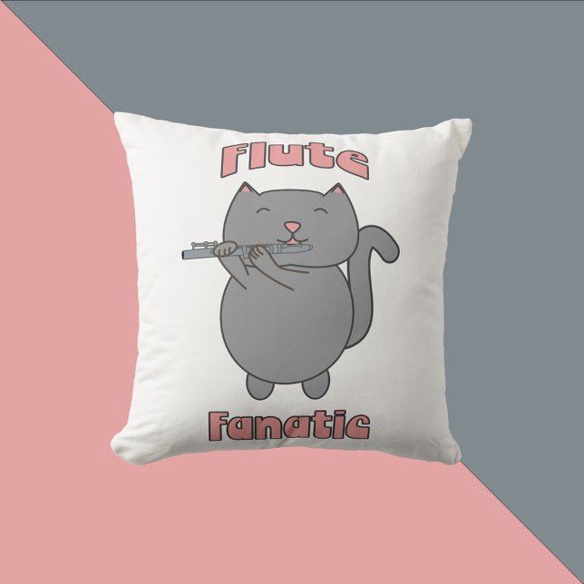 Flute Fanatic Musical Flute Cat Pink Kissen (A throw pillow featuring a gray cat playing the flute and the text Flute Fanatic in pink.)