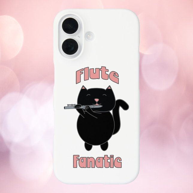 Flute Fanatic Pink Black Cat Niedlich Case-Mate iPhone Hülle (A cell phone case with the words Flute Fanatic and a black kitty cat playing the flute.)