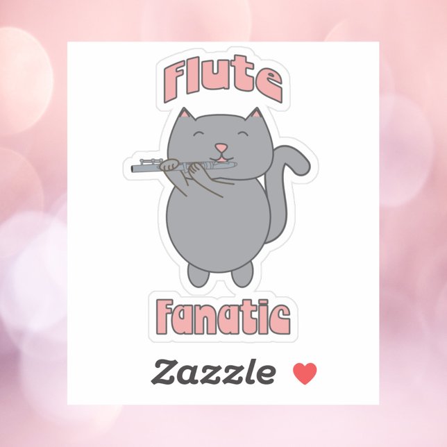 Flute Fanatic Pink Gray Cat Aufkleber (A sticker featuring a gray cat playing the flute and the words flute fanatic.)