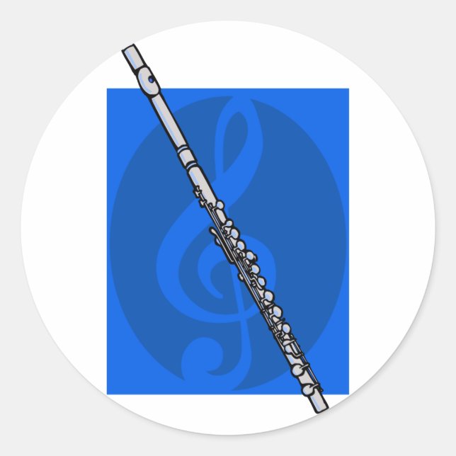 Flute mit Blue Treble Clef Hintergrund Runder Aufkleber (Vorderseite)