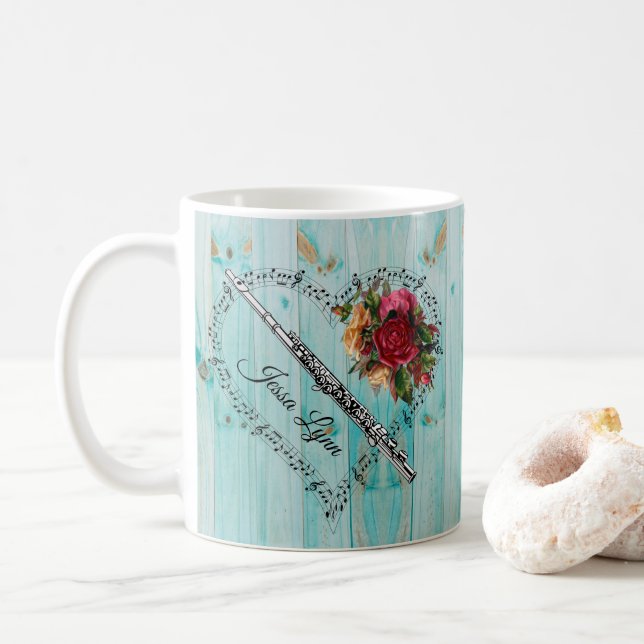 Flute Musiknote Hart Blue Wood Blume Kaffeetasse (Mit Donut)