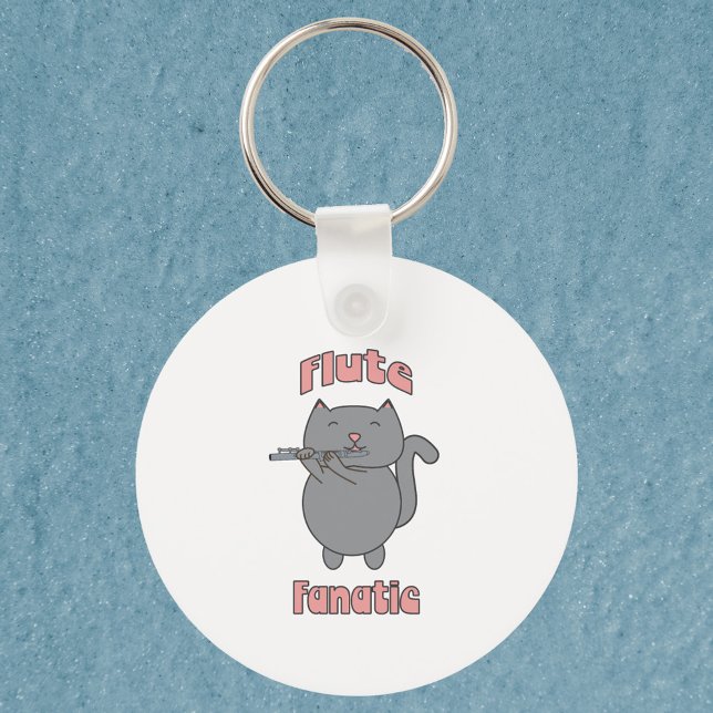 Flute Playing Gray Cat Funny Musician Schlüsselanhänger (A key chain featuring a flute playing gray cat with the words flute fanatic in pink.)