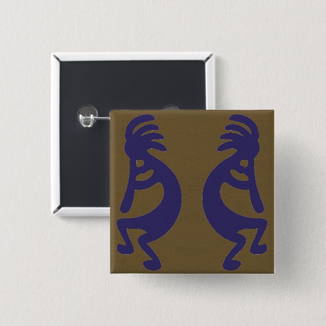 Flute Playing Kokopelli Abbildung: Blau auf Grün Button (Vorne & Hinten)