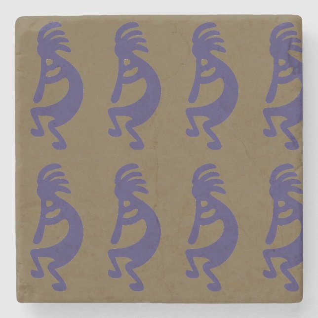 Flute Playing Kokopelli Abbildung: Blau auf Grün Steinuntersetzer (Vorderseite)
