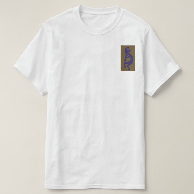 Flute Playing Kokopelli Abbildung: Blau auf Grün T-Shirt (Design vorne)