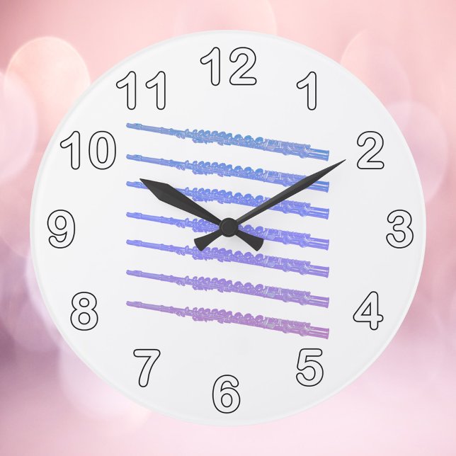 Flute Woodwind Pink Lila Zahlen blau Große Wanduhr (A clock with flutes in pink, blue and purple and numbers in black and white.)