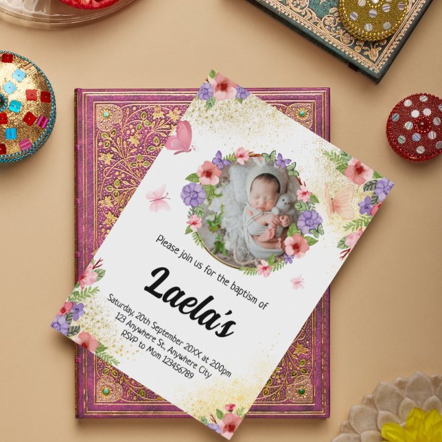 Flutende Glaube: Modernes Butterfly-Taufbecken-Fot Einladung (Fluttering Faith: Modern Butterfly Baptism Photo Invitation)