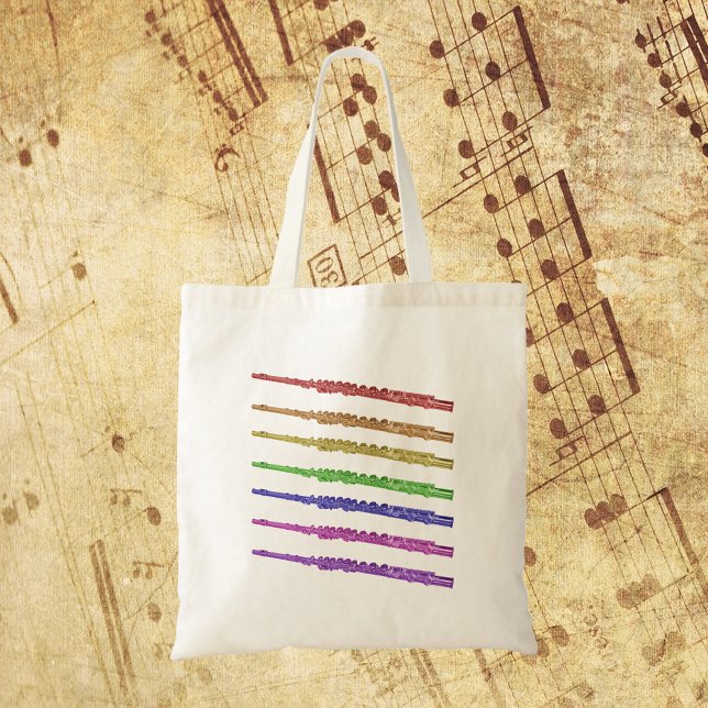 Flutes farbiger Regenbogen Tragetasche (A tote bag with a colorful design of flutes in red, orange, yellow, green, blue, purple and pink!)