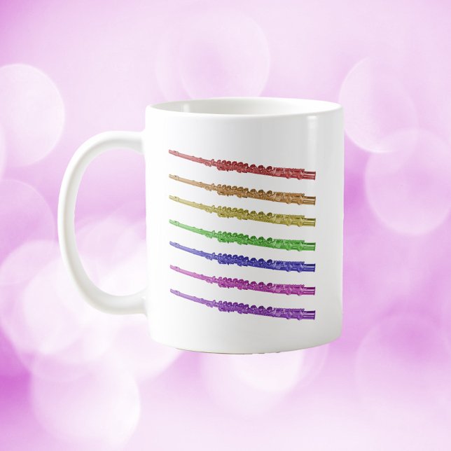 Flutes Rainbow Kaffeetasse (A mug with red, orange, yellow, green, blue, purple and pink flutes.)