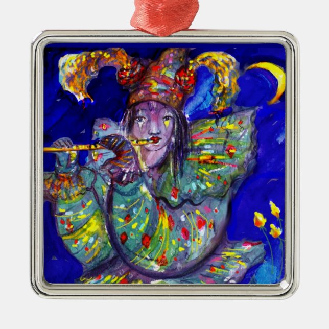 FLUTIST IN BLAU / Venezianische Karnevalsnacht Ornament Aus Metall (Vorne)