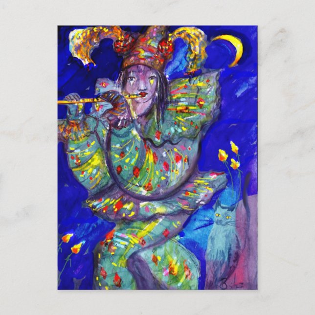 FLUTIST IN BLAU / Venezianische Karnevalsnacht Postkarte (Vorderseite)