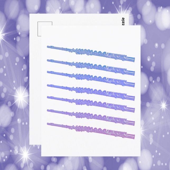 Flutmusikinstrument Pink Blue Lila Postkarte (A postcard with a graphic of pink, blue and purple flutes.)