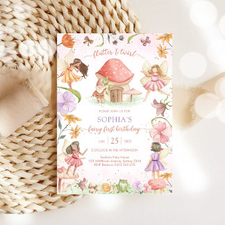 Flutter and Twirl Fairy First 1st Birthday Einladung