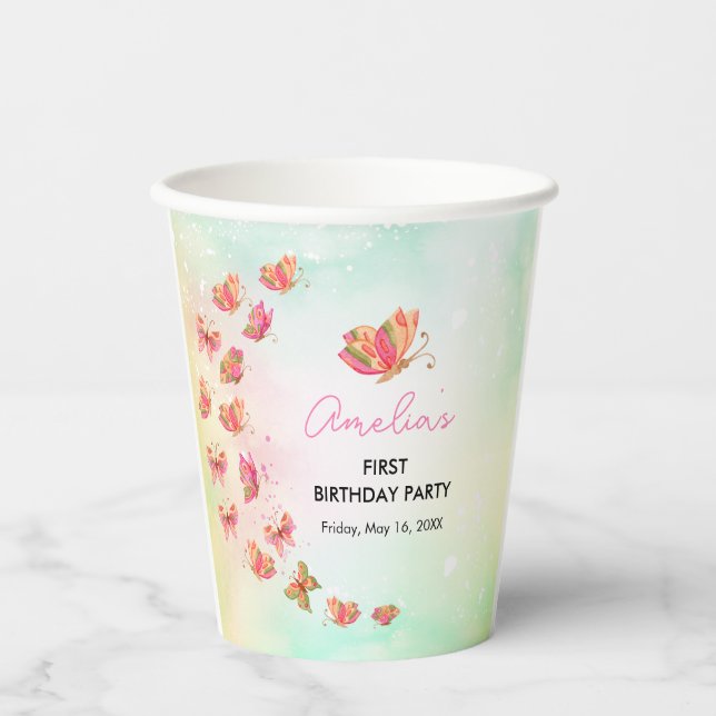 Flutter Bliss Butterfly Girl 1st Birthday Pappbecher (Vorderseite)