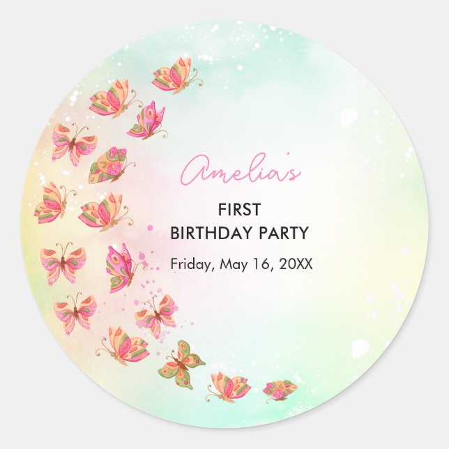 Flutter Kiss Butterfly Girl 1st Birthday  Runder Aufkleber (Vorderseite)