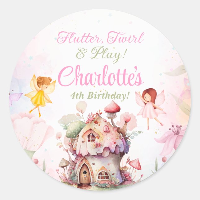 Flutter & Twirl Fairy Birthday Party Label Sticker (Vorderseite)