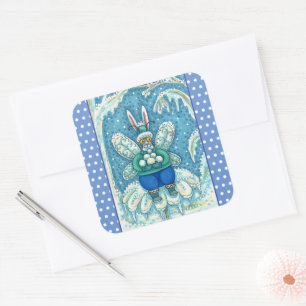 FLUTTERBUN WINTER WONDERLAND, FUNNY BUNNY RABBBIT QUADRATISCHER AUFKLEBER