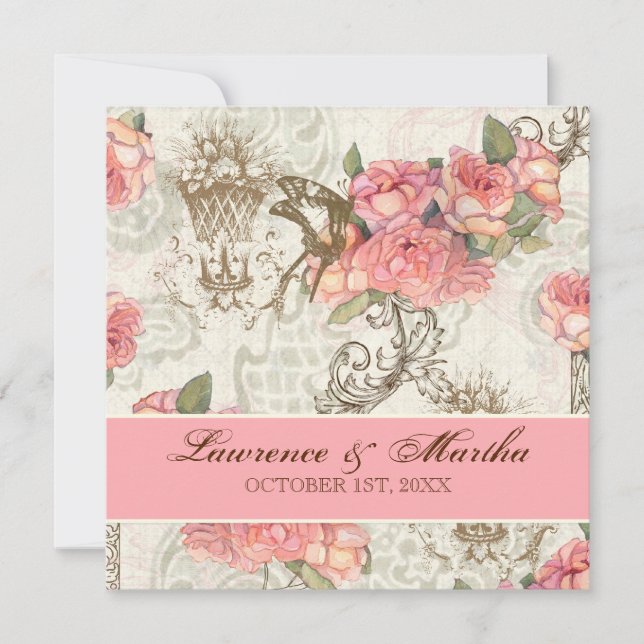 Flutterbyes 'n Rose Elegante Hochzeit - Rosa Einladung (Vorderseite)