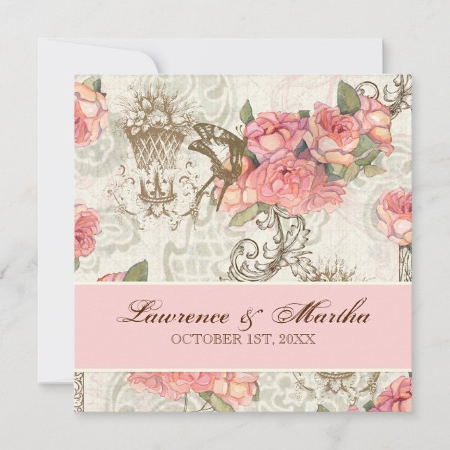 Flutterbyes 'n Rose Elegante Hochzeit - Rosa Einladung (Vorderseite)