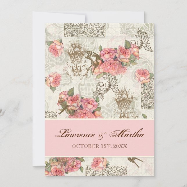 Flutterbyes 'n Rose Elegante Hochzeit - Rosa Einladung (Vorderseite)