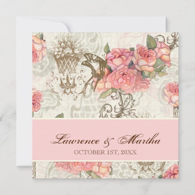 Flutterbyes 'n Rose Elegante Hochzeit - Rosa Einladung (Vorderseite)