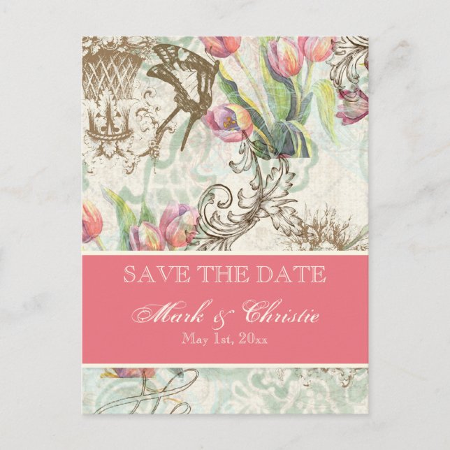 Flutterbyes 'n Tulips Elegante Save the Date Karte (Vorderseite)