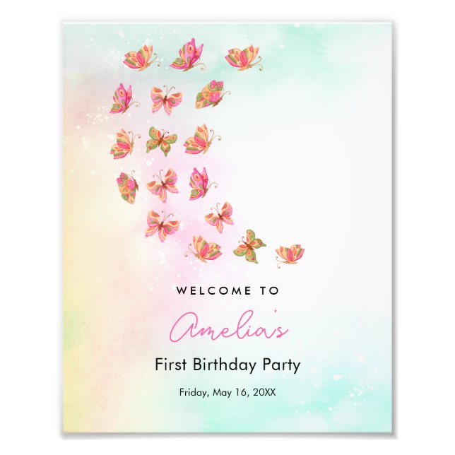 Fluttering Pink Butterfly Girl 1st Birthday Sign Fotodruck (Vorne)