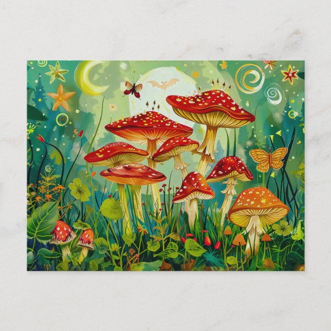 Fly Agariary Mushrooms unter Vollmondlicht Postkarte (Vorderseite)