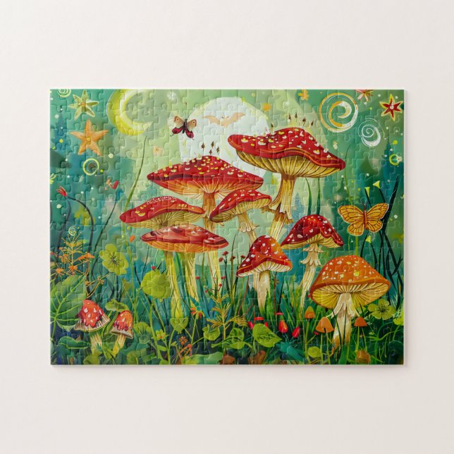 Fly Agariary Mushrooms unter Vollmondlicht Puzzle (Horizontal)