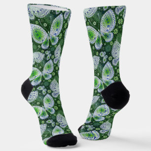 Fly Away Paisley Butterfly Print Green Socken