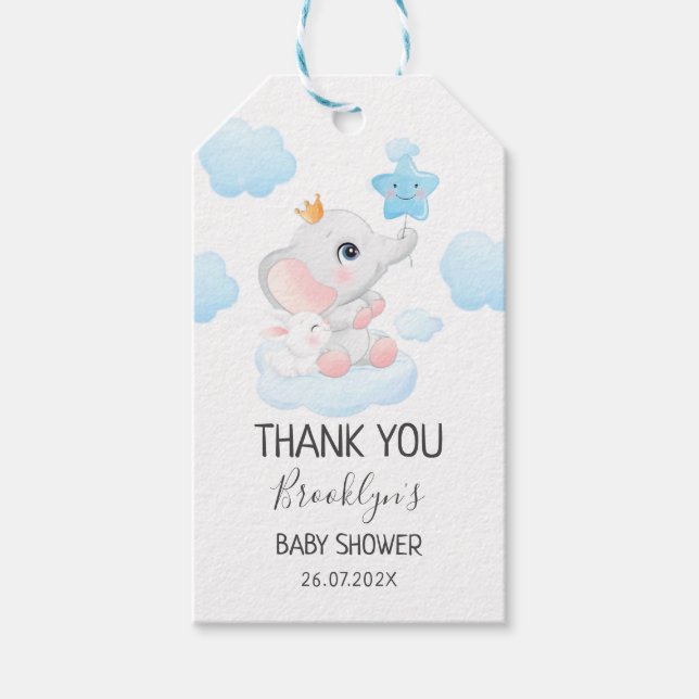 Fly Elephant Blue Balloon Baby Dusche Geschenkanhänger (Vorderseite)