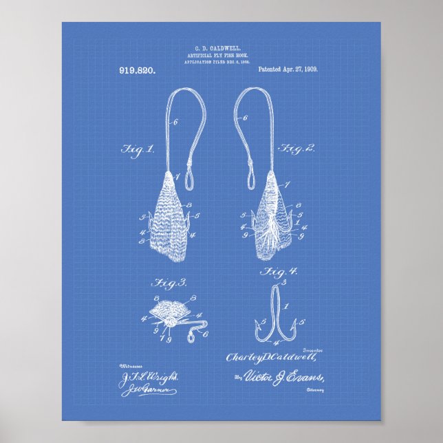 Fly Fish Hook 1909 Patent Art Blueprint Poster (Vorne)