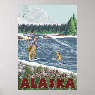 Fly Fisherman - Nationalpark Denali, Alaska Poster