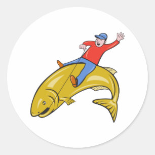 Fly Fisherman Riding Jumping Trout Fish Cartoon Runder Aufkleber