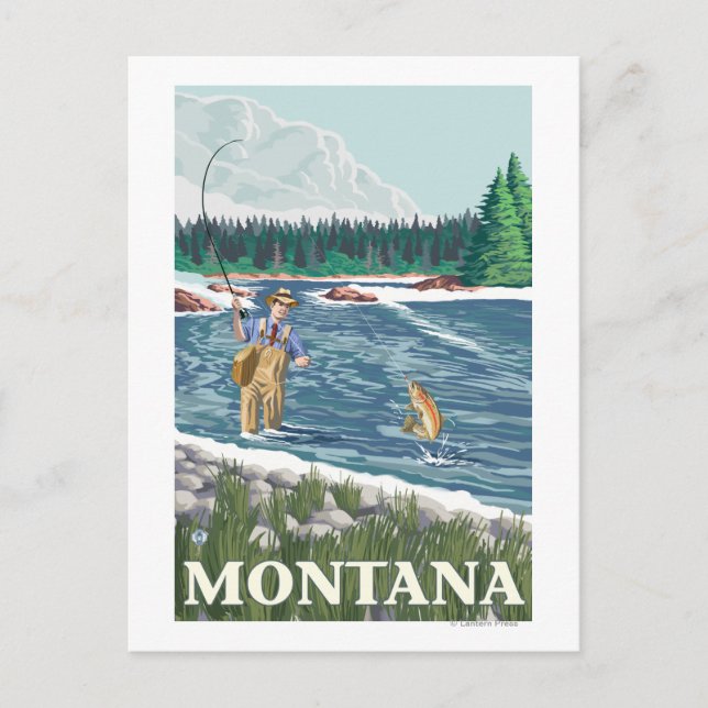 Fly FishermanMontanaVintage Travel Poster Postkarte (Vorderseite)