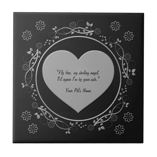 Fly Free Metallic Silver Heart Black Pet Memorial Fliese (Vorderseite)