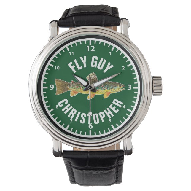 FLY GUY Brown Trout Fishing Fisherman Custom Green Armbanduhr (Vorderseite)