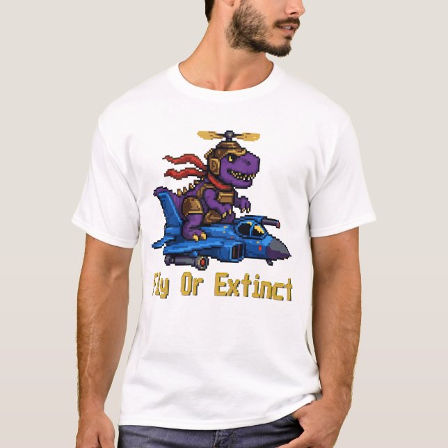 Fly Or Extinct Pixel Art Dinosaur Pilot Fighter Je T-Shirt (Vorderseite)